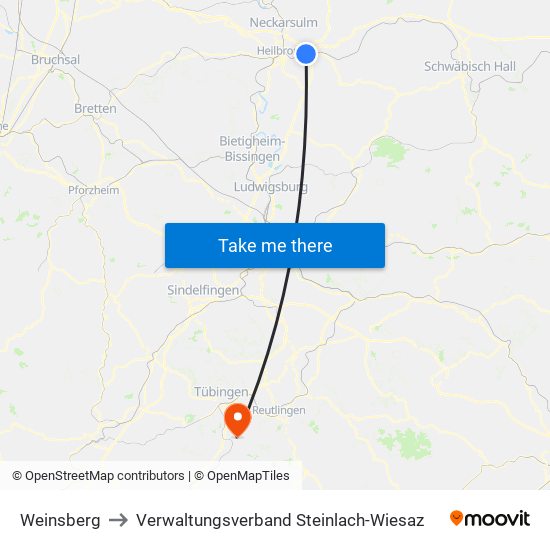 Weinsberg to Verwaltungsverband Steinlach-Wiesaz map