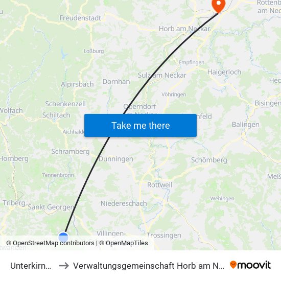 Unterkirnach to Verwaltungsgemeinschaft Horb am Neckar map