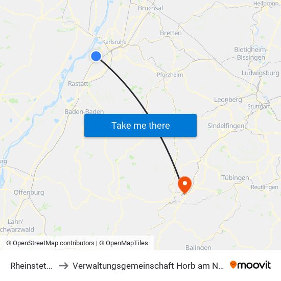 Rheinstetten to Verwaltungsgemeinschaft Horb am Neckar map