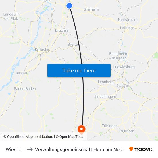 Wiesloch to Verwaltungsgemeinschaft Horb am Neckar map