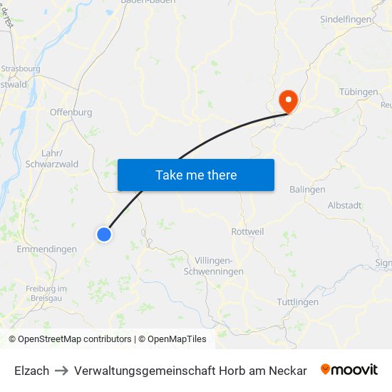 Elzach to Verwaltungsgemeinschaft Horb am Neckar map