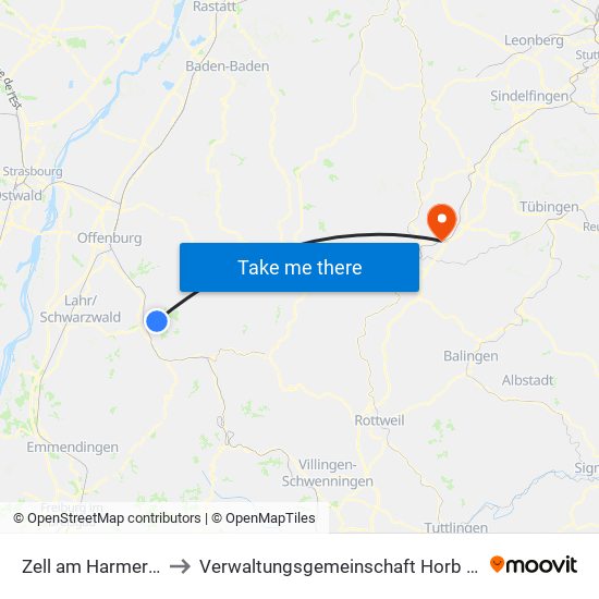 Zell am Harmersbach to Verwaltungsgemeinschaft Horb am Neckar map