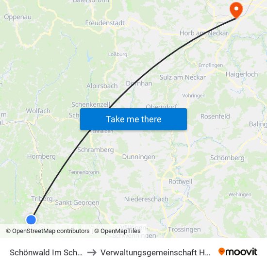 Schönwald Im Schwarzwald to Verwaltungsgemeinschaft Horb am Neckar map