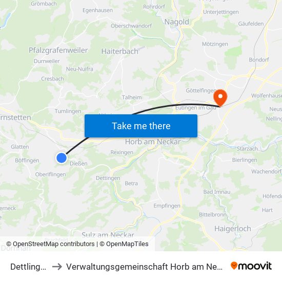 Dettlingen to Verwaltungsgemeinschaft Horb am Neckar map