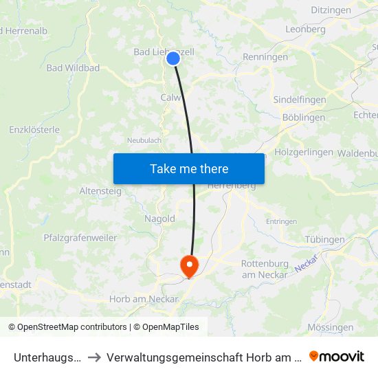 Unterhaugstett to Verwaltungsgemeinschaft Horb am Neckar map