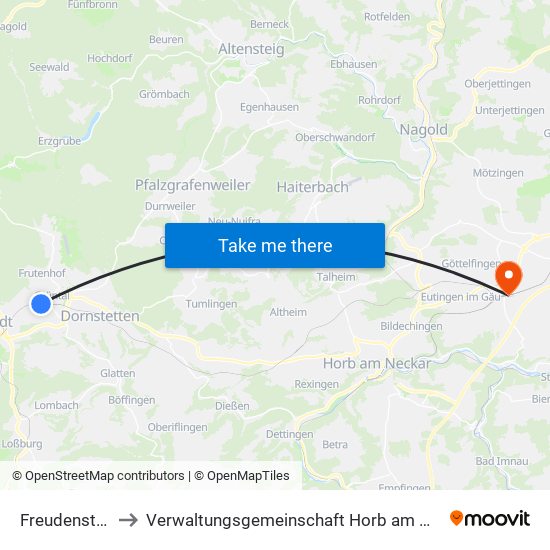 Freudenstadt to Verwaltungsgemeinschaft Horb am Neckar map