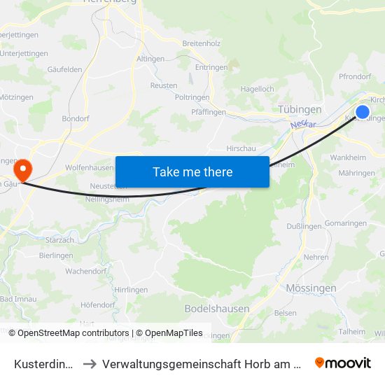 Kusterdingen to Verwaltungsgemeinschaft Horb am Neckar map