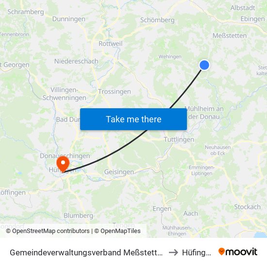 Gemeindeverwaltungsverband Meßstetten to Hüfingen map