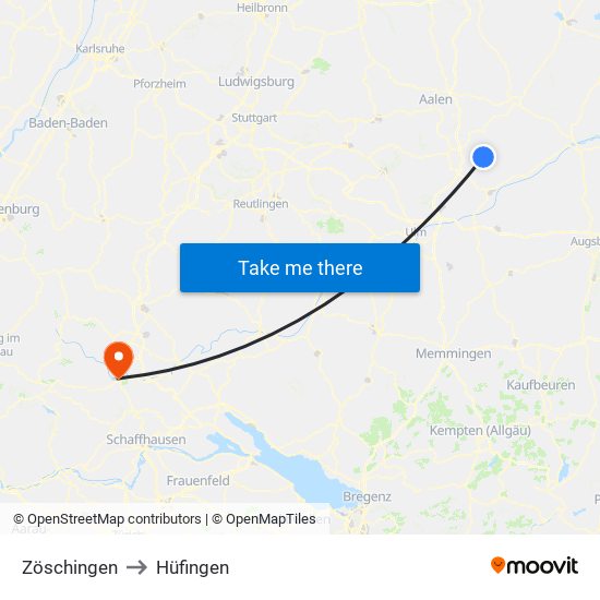 Zöschingen to Hüfingen map