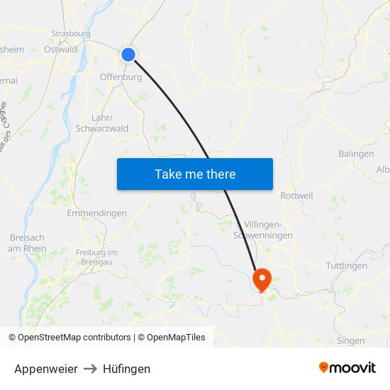 Appenweier to Hüfingen map