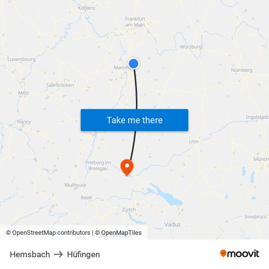 Hemsbach to Hüfingen map