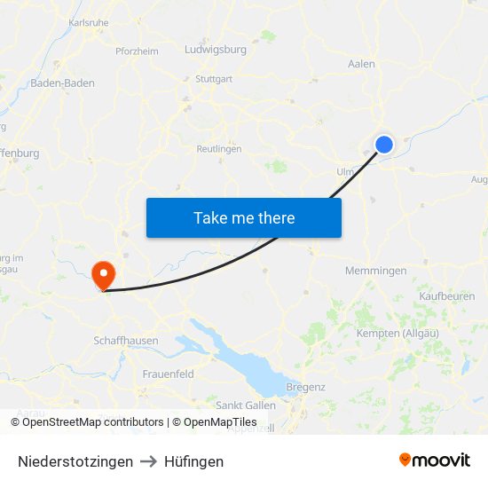 Niederstotzingen to Hüfingen map