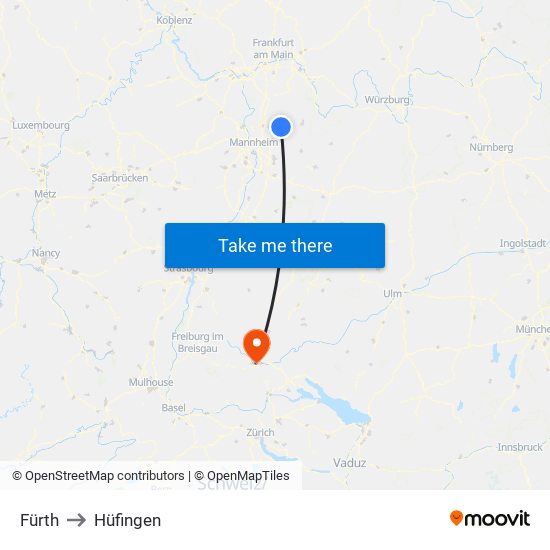 Fürth to Hüfingen map