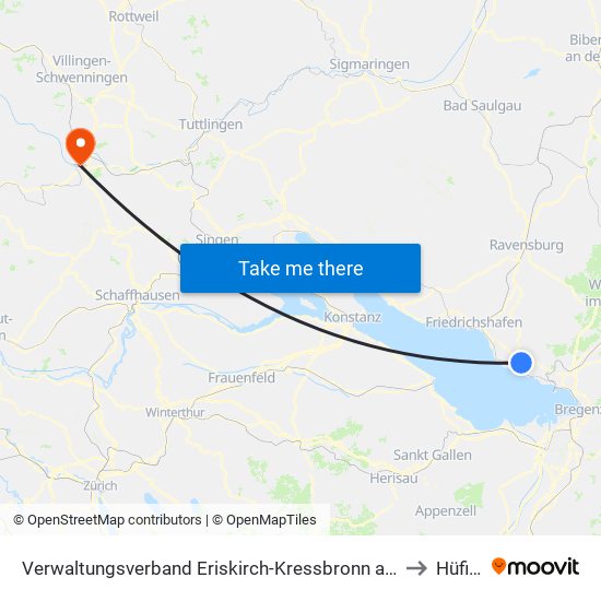 Verwaltungsverband Eriskirch-Kressbronn am Bodensee-Langenargen to Hüfingen map