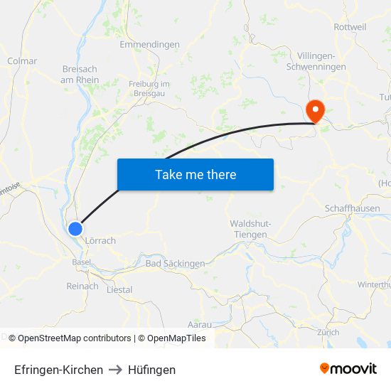 Efringen-Kirchen to Hüfingen map