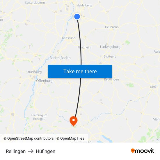 Reilingen to Hüfingen map