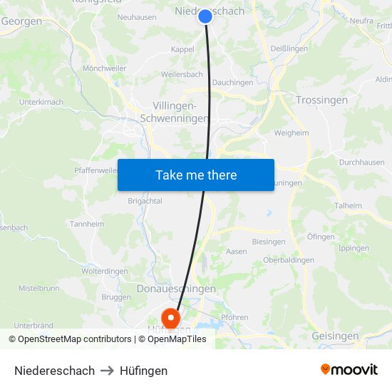 Niedereschach to Hüfingen map