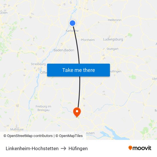 Linkenheim-Hochstetten to Hüfingen map