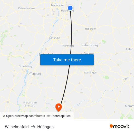 Wilhelmsfeld to Hüfingen map