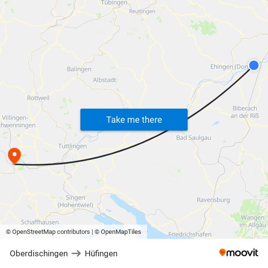 Oberdischingen to Hüfingen map