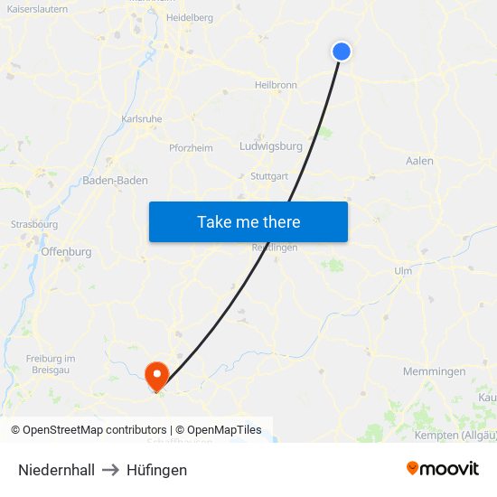 Niedernhall to Hüfingen map
