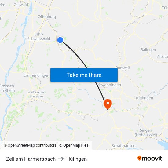 Zell am Harmersbach to Hüfingen map