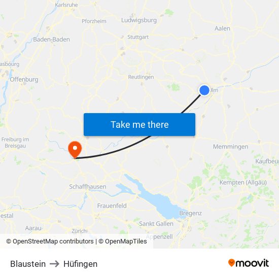 Blaustein to Hüfingen map