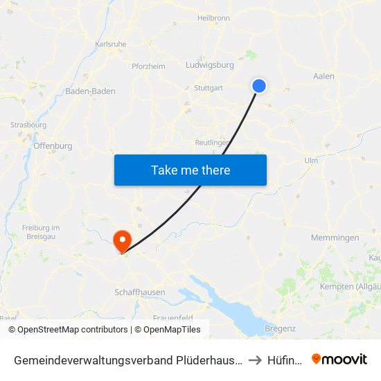 Gemeindeverwaltungsverband Plüderhausen-Urbach to Hüfingen map