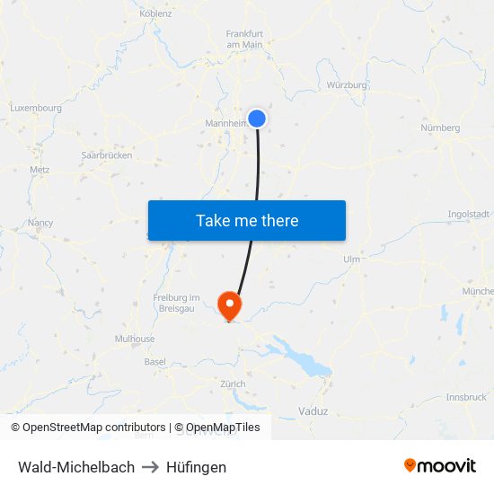 Wald-Michelbach to Hüfingen map