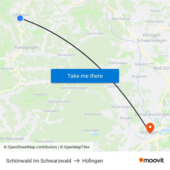 Schönwald Im Schwarzwald to Hüfingen map