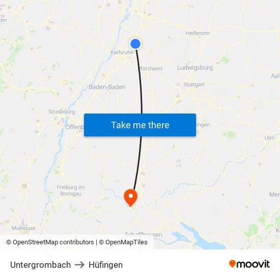 Untergrombach to Hüfingen map
