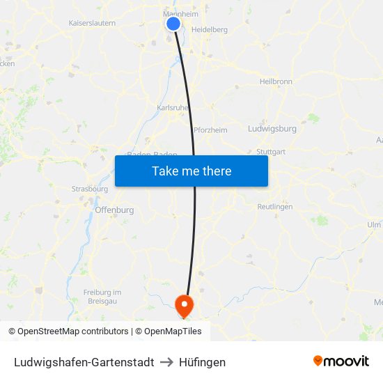 Ludwigshafen-Gartenstadt to Hüfingen map