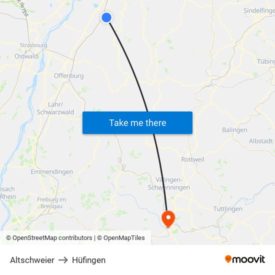 Altschweier to Hüfingen map