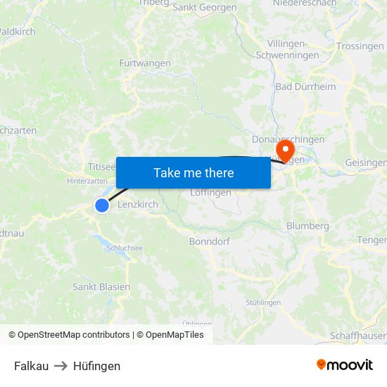 Falkau to Hüfingen map