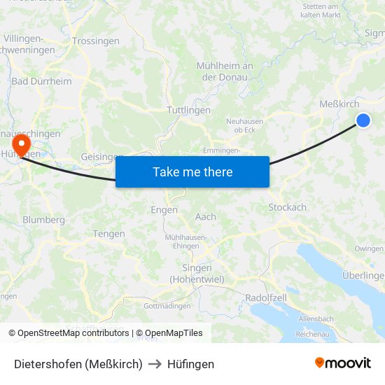 Dietershofen (Meßkirch) to Hüfingen map