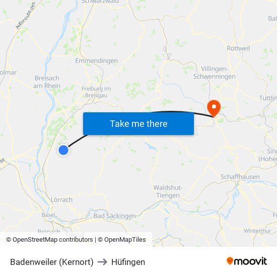 Badenweiler (Kernort) to Hüfingen map