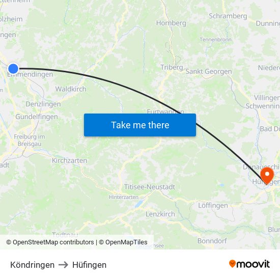 Köndringen to Hüfingen map