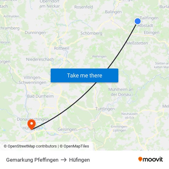Gemarkung Pfeffingen to Hüfingen map