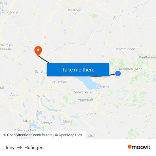 Isny to Hüfingen map