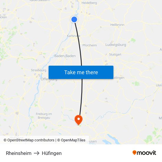Rheinsheim to Hüfingen map