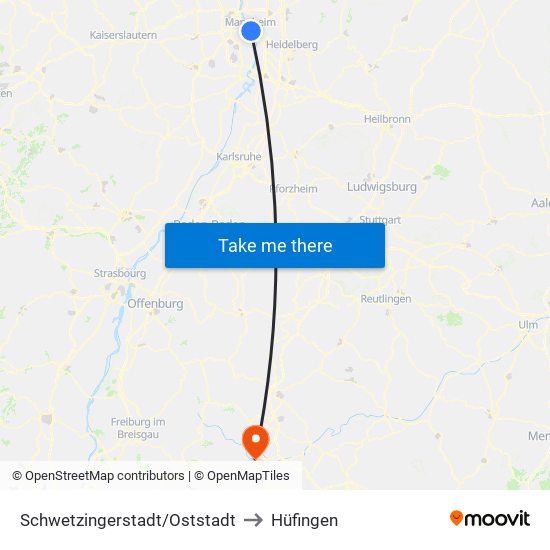 Schwetzingerstadt/Oststadt to Hüfingen map