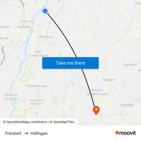 Freistett to Hüfingen map