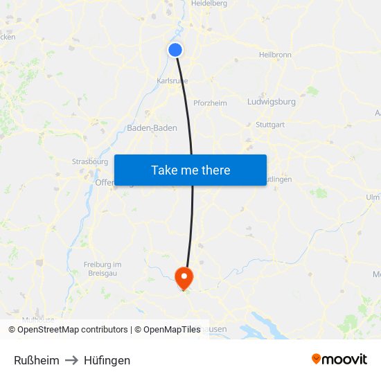 Rußheim to Hüfingen map