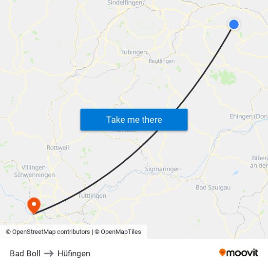 Bad Boll to Hüfingen map