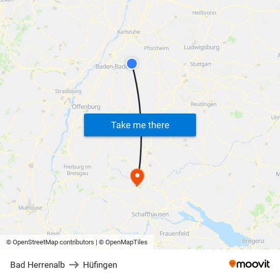 Bad Herrenalb to Hüfingen map