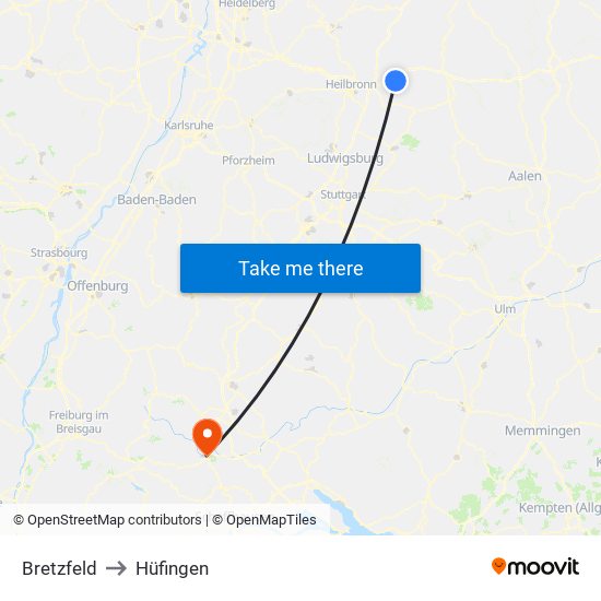 Bretzfeld to Hüfingen map