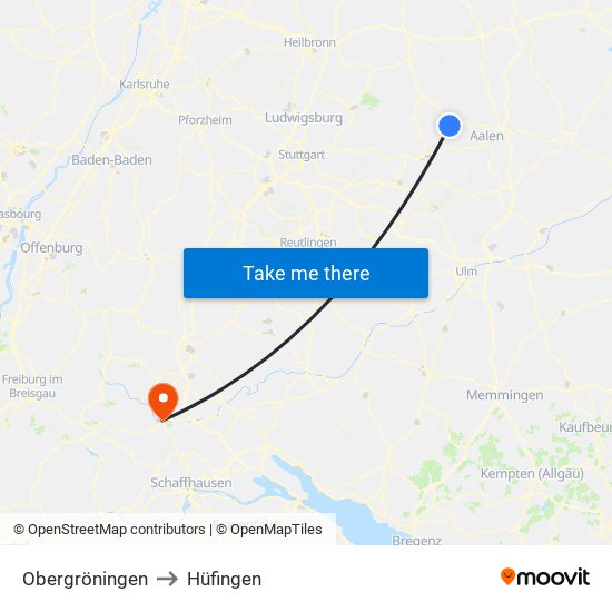 Obergröningen to Hüfingen map