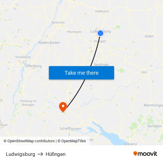 Ludwigsburg to Hüfingen map