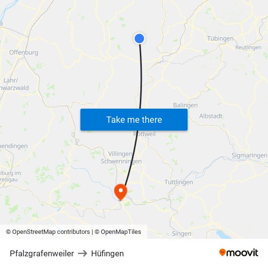 Pfalzgrafenweiler to Hüfingen map