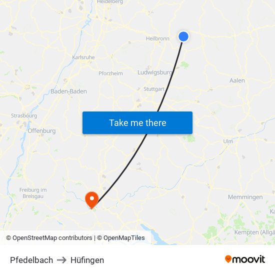 Pfedelbach to Hüfingen map